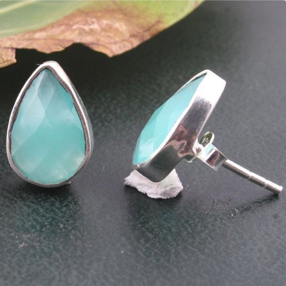 Dainty Aqua Chalcedony & 925 Sterling Silver Pear Shaped Post Earrings - Picture 2 of 2